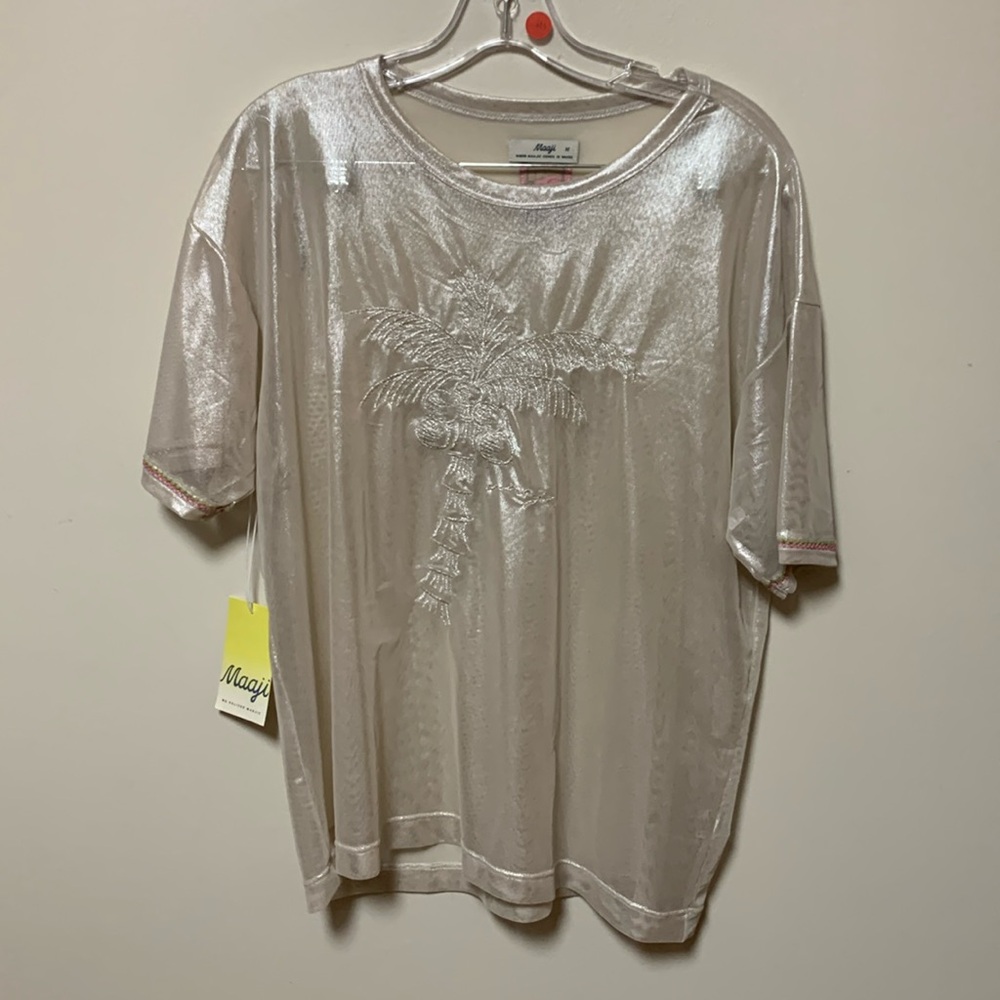 Maaji mesh top - silver mesh t shirt with palm design